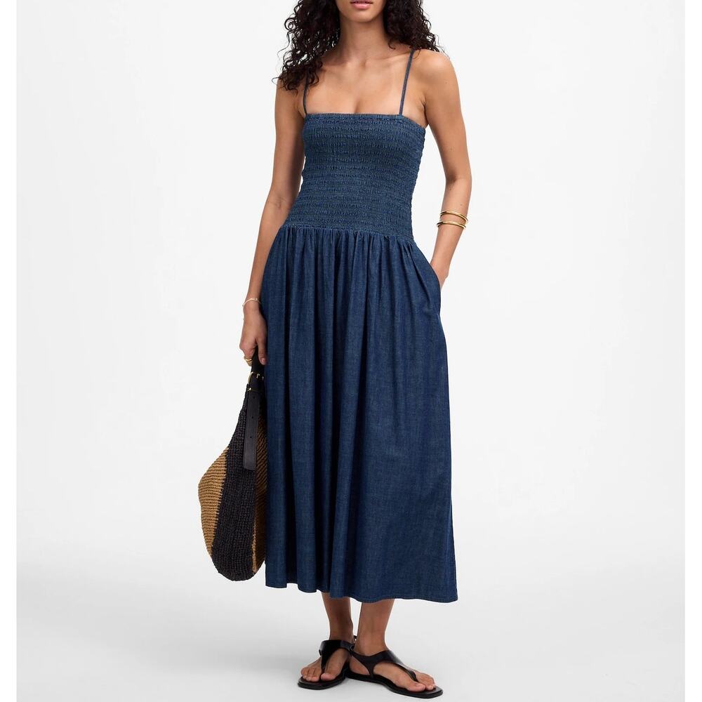 NWT Madewell Smocked Maxi Dress Sleeveless Square Neck A-Line Blue Womens Size S